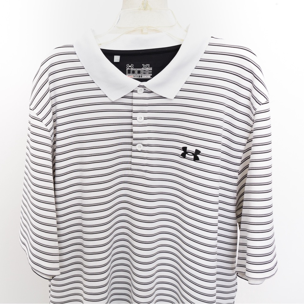 Under Armour heat gear loose fit polo style stripe shirt white, gray, & black XL - Picture 3 of 12